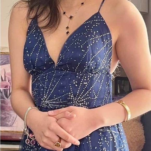 Womens Royal Blue V-neck Glitter Hi-cut Slit Prom Dress - Picture 7 of 11